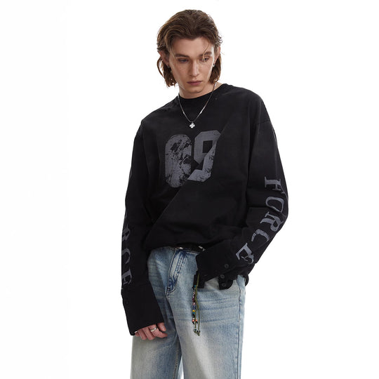 Herren Oversize-Longsleeve-Sweatshirt mit Print, verlängerten Manschetten und Used-Details Shop Nory