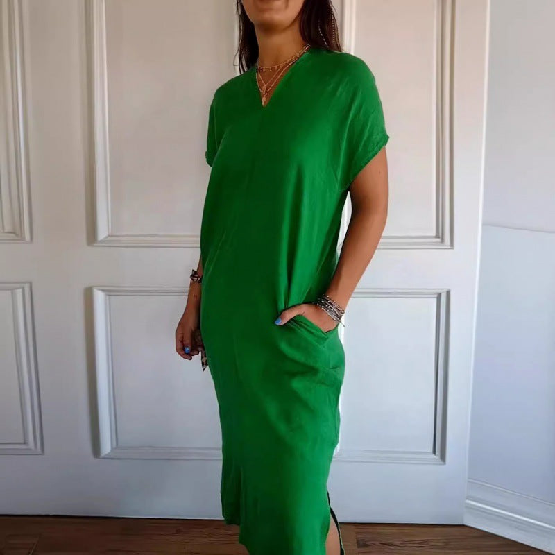 Damen Lässiges V-Ausschnitt Kleid mit praktischen Taschen und oversize Schnitt Shopnory
