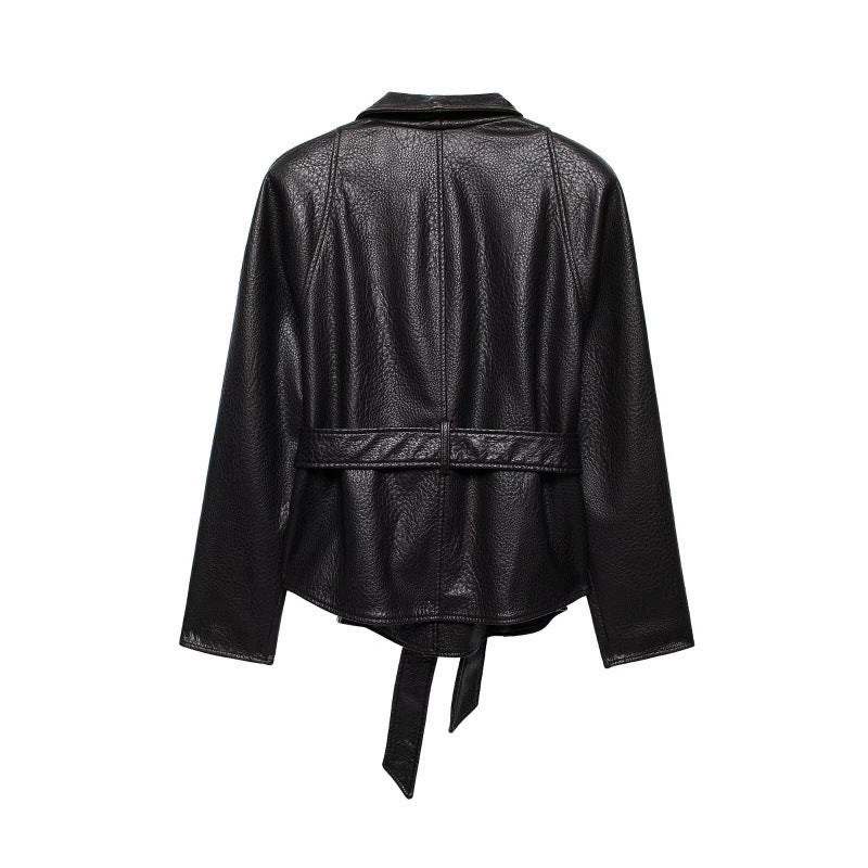 Damen Kurzjacke aus genarbtem Leder mit Schalkragen und Bindegürtel Shop Nory