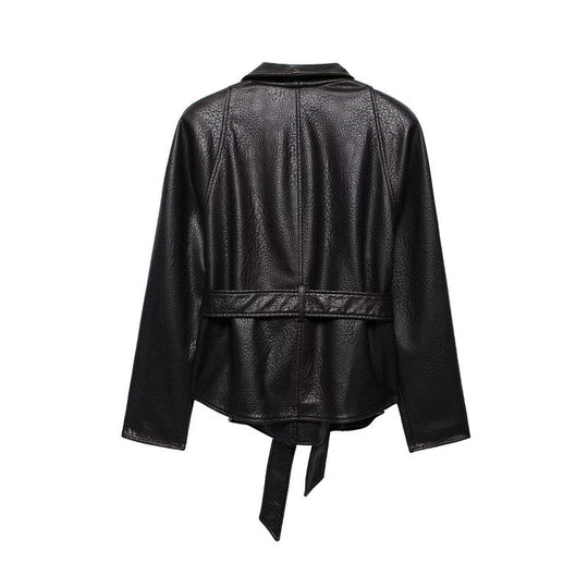 Damen Kurzjacke aus genarbtem Leder mit Schalkragen und Bindegürtel Shop Nory