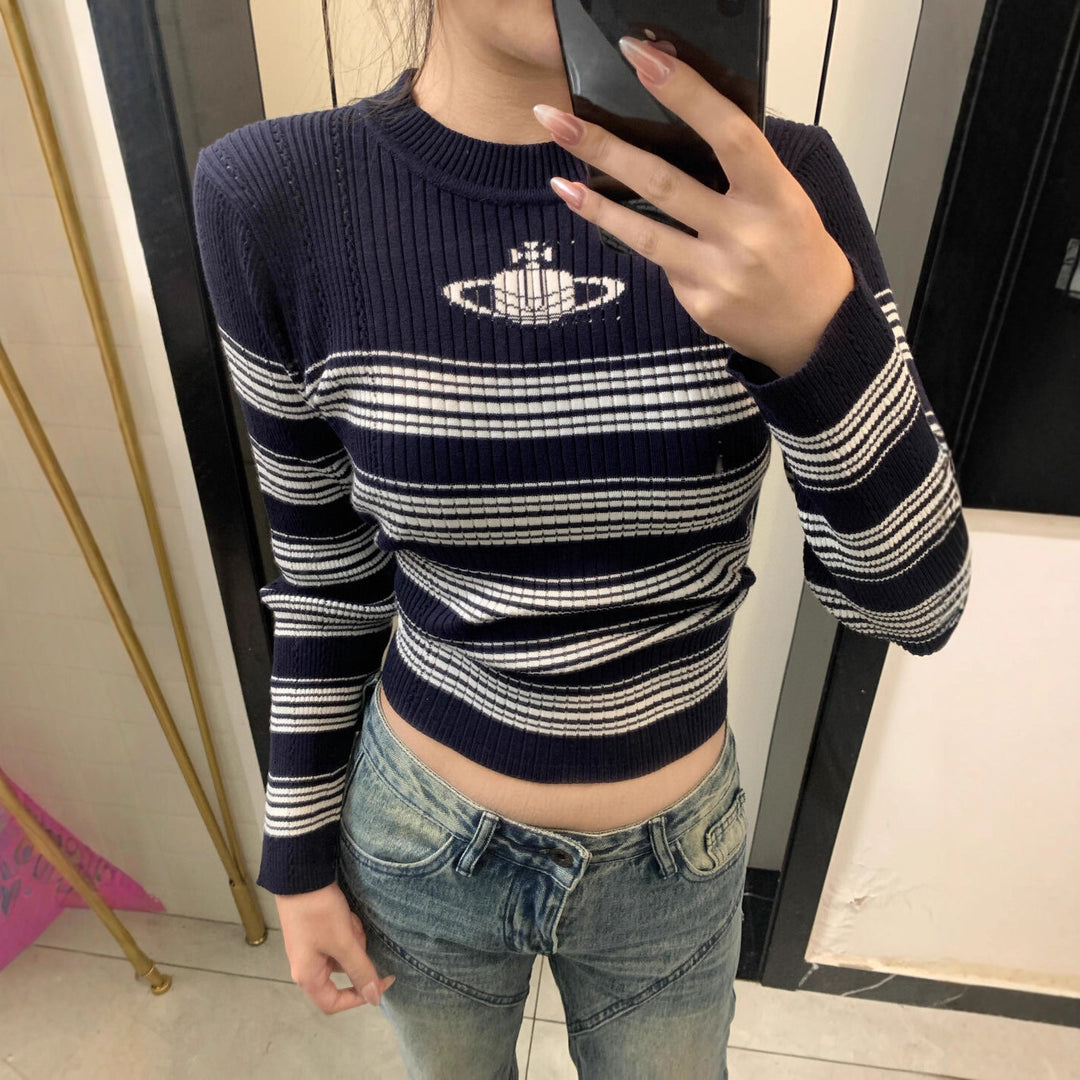 Damen Modischer Rippstrickpullover mit Streifen Shop Nory
