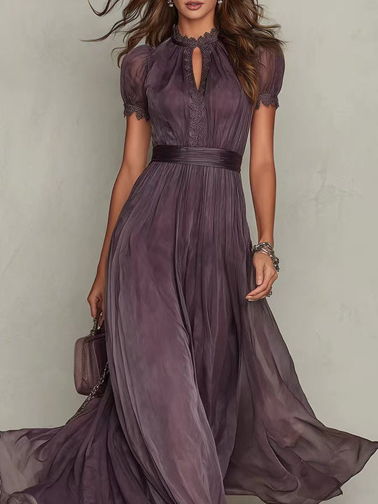Damen nan langes Chiffon-Abendkleid mit Spitzen‑Stehkragen, Schlüsselöffnung und taillierter Schärpe
