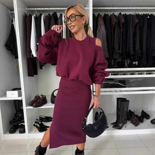 Damen Bequemes Sweatset mit Ein-Schulter-Ausschnitt und Taillierter Midi-Rock Shop Nory