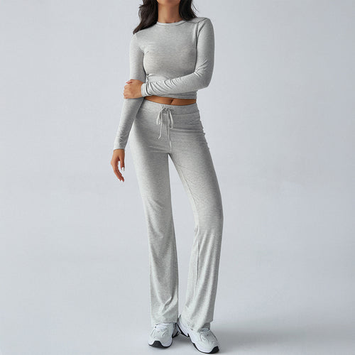 Damen nan tailliertes Longsleeve-Crop-Top und weite Lounge-Hose im Zweiteiler-Set aus Stretchjersey Shop Nory