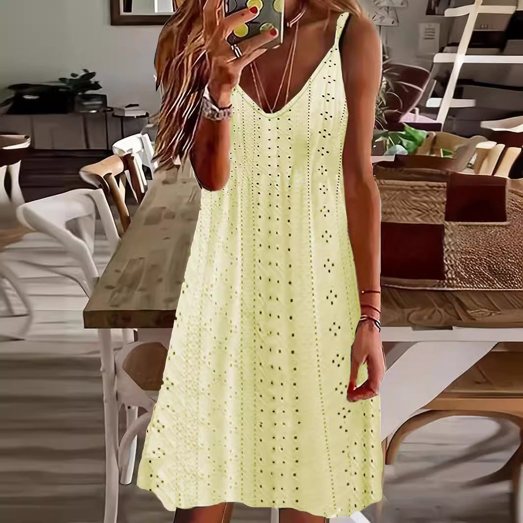 Damen Ärmelloses Sommerkleid mit dekorativem Lochmuster und V-Ausschnitt