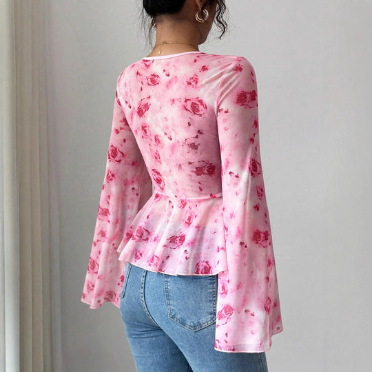 Damen Chiffonbluse mit Bindeknoten, V‑Ausschnitt und ausgestellten Glockenärmeln Shop Nory