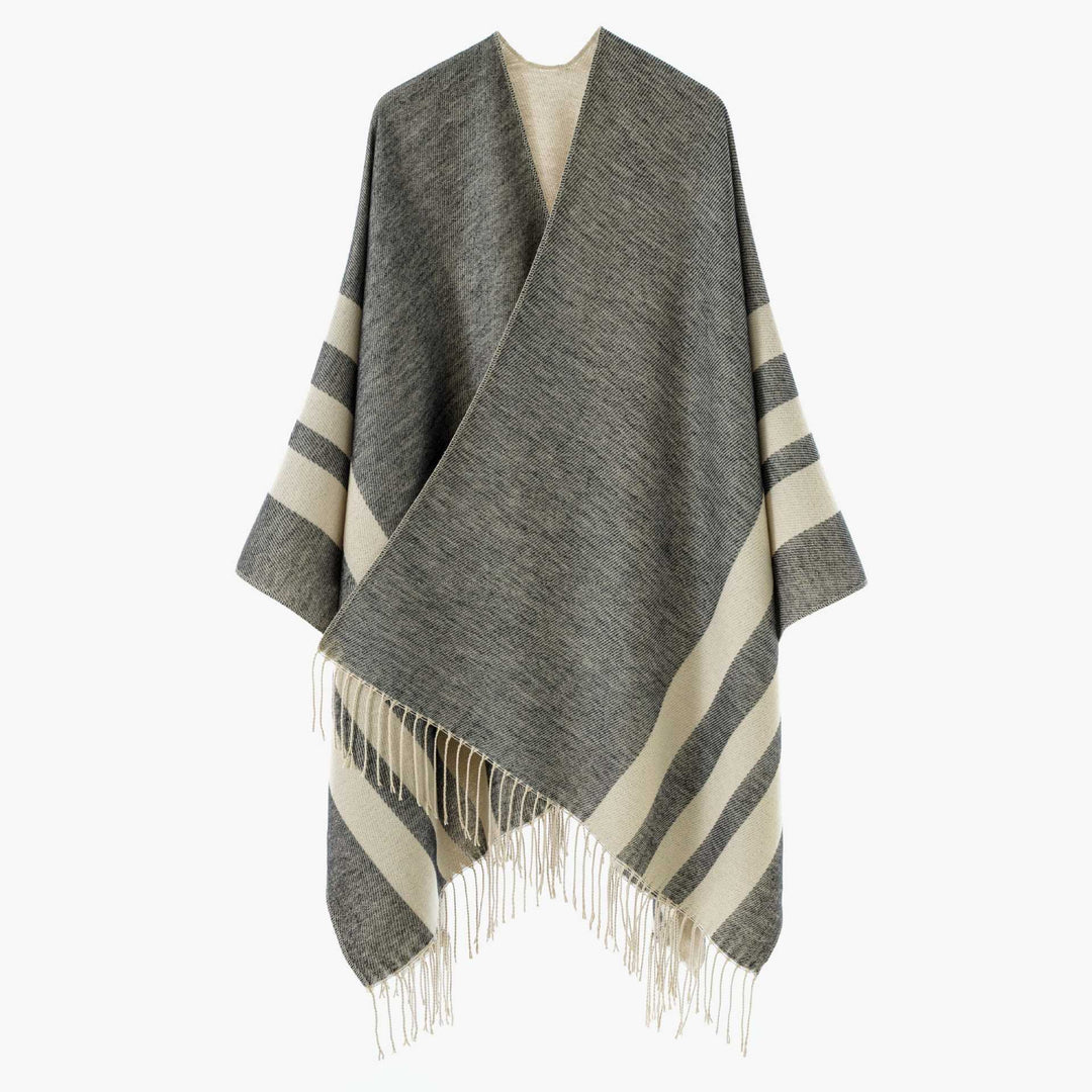 Damen Wendbarer Strickcape-Poncho mit Fransen und kontrastierenden Streifen Shop Nory