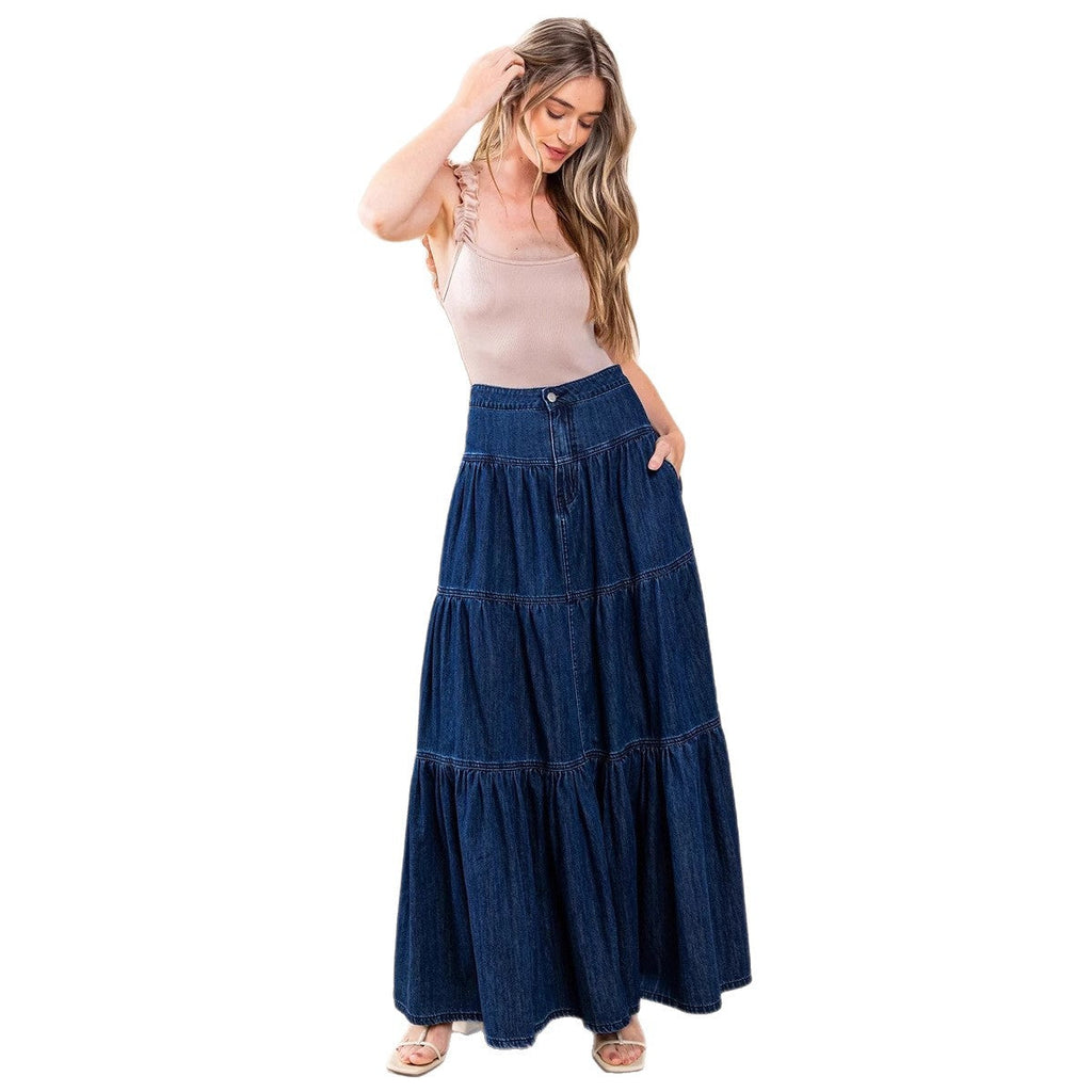 Damen Denim Maxikleid im Boho-Stil mit voluminösem Rock und Rüschen