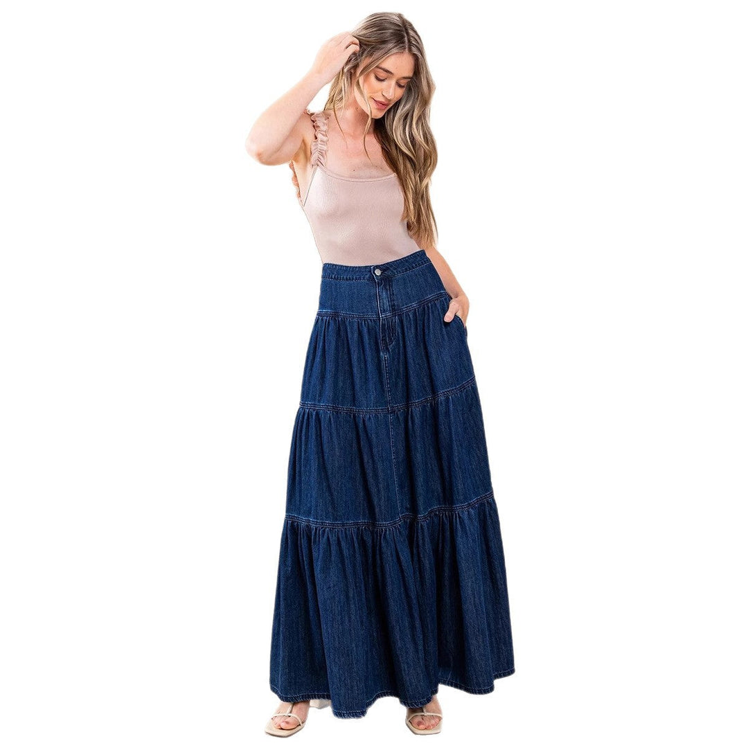 Damen Denim Maxikleid im Boho-Stil mit voluminösem Rock und Rüschen