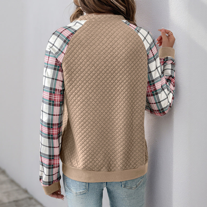 Damen Gesteppter Raglan-Sweatpullover mit halbem Reißverschluss und Karoärmeln Shop Nory