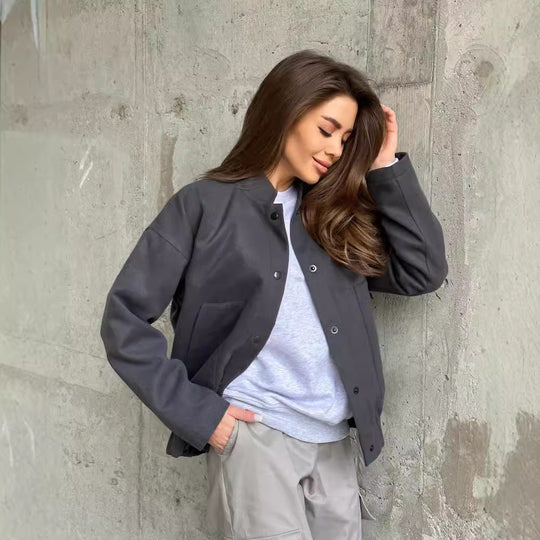 Damen Kurz geschnittene Bomberjacke aus Wollmix mit Druckknopfverschluss und elastischem Saum Shop Nory