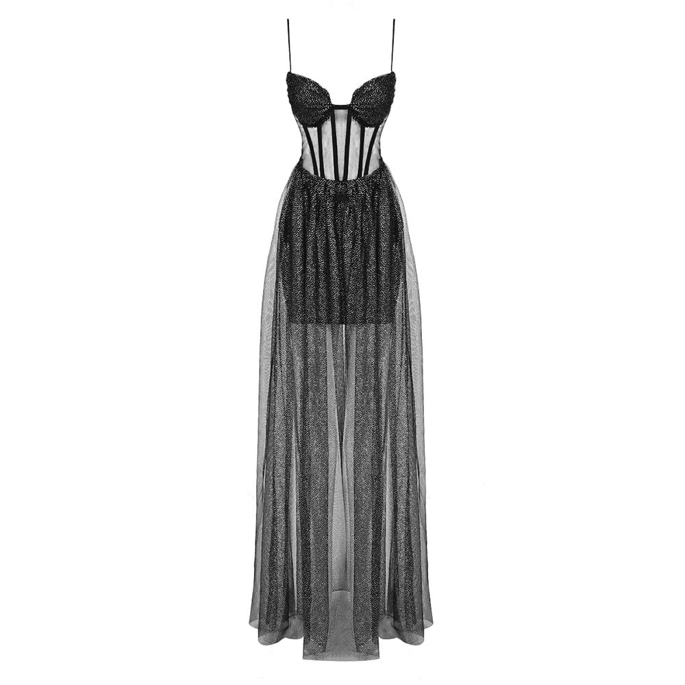 Damen glamouröses Abendkleid mit transparentem Rock und eleganten Details Shopnory