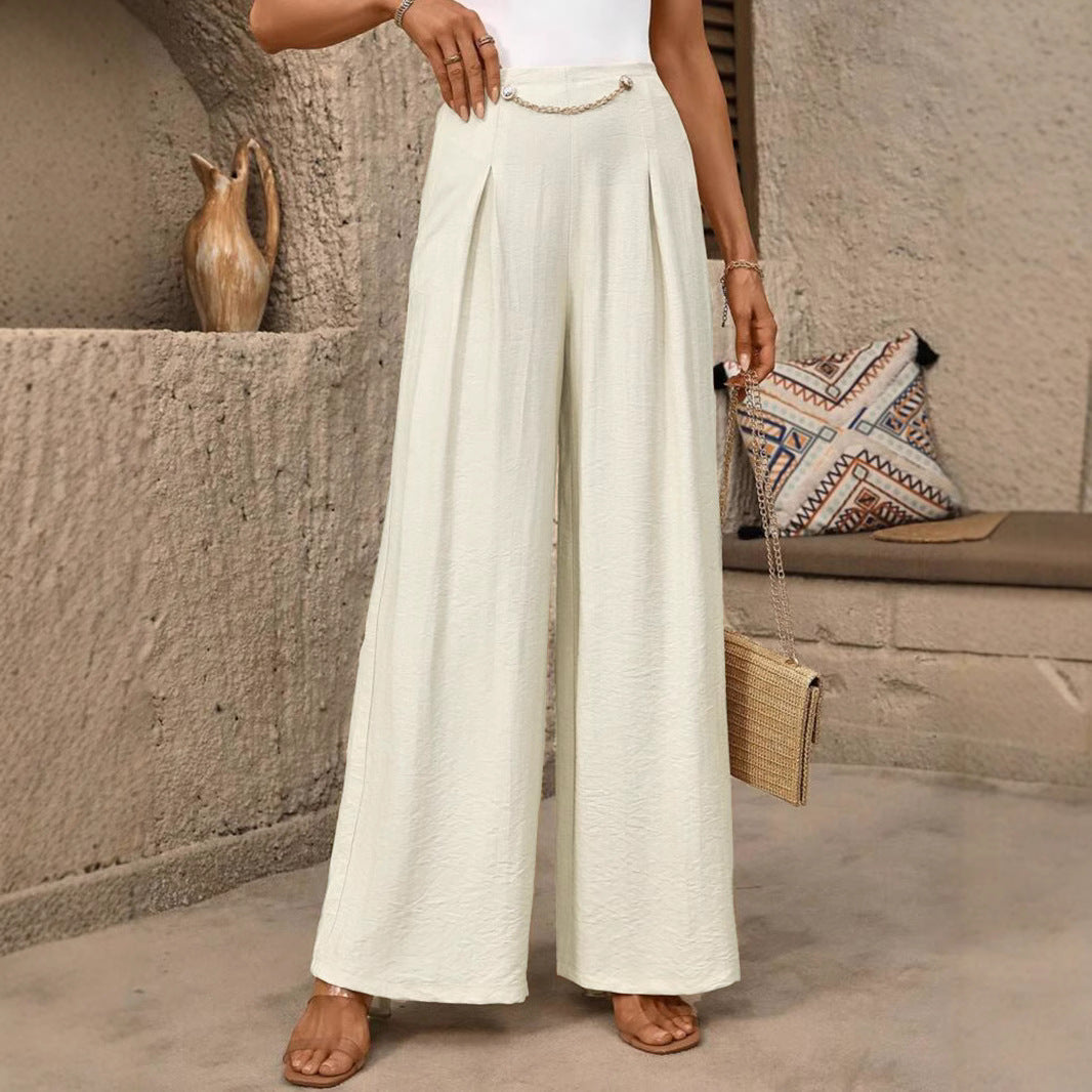Damen High-Waist Palazzo-Hose mit weitem Bein, Bundfalten und Zierkettendetail Shop Nory