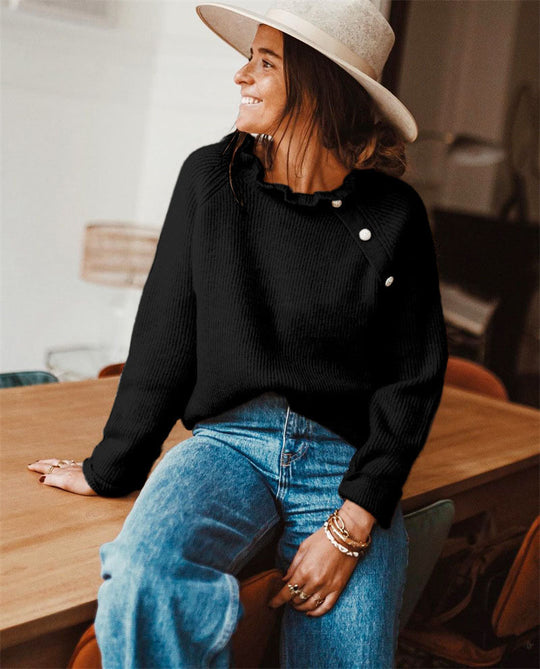 Damen Rippstrickpullover mit Rüschenkragen und seitlicher Knopfleiste Shop Nory