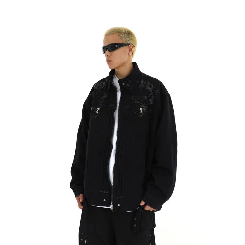 Herren Oversized Utility-Jacke mit Stickerei, Stehkragen, Reißverschluss und langen Gurtbändern Shop Nory