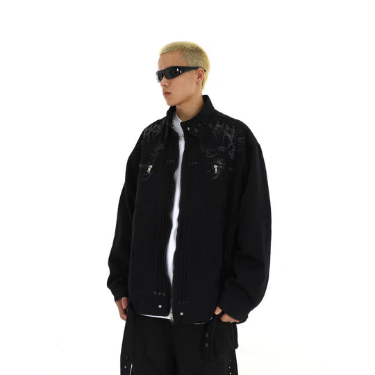 Herren Oversized Utility-Jacke mit Stickerei, Stehkragen, Reißverschluss und langen Gurtbändern Shop Nory