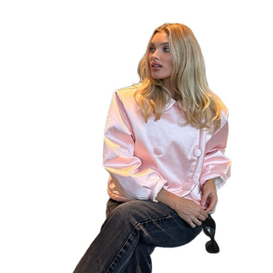 Damen Kurzgeschnittene gesteppte Jacke mit asymmetrischer Doppelknopfreihe und voluminösen Ärmeln Shop Nory