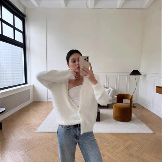 Damen Flauschiger Cardigan mit Druckknöpfen Shop Nory