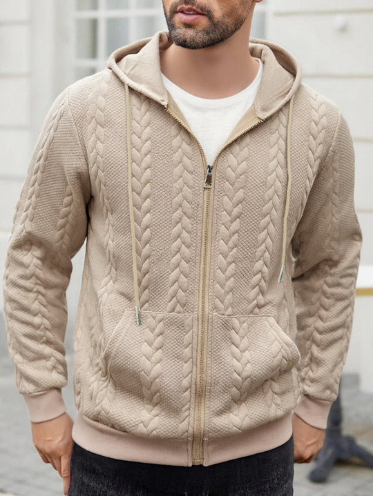 Herren strukturierte Kapuzen-Sweatjacke mit Zopfmuster, durchgehendem Reißverschluss und Kängurutasche Shop Nory