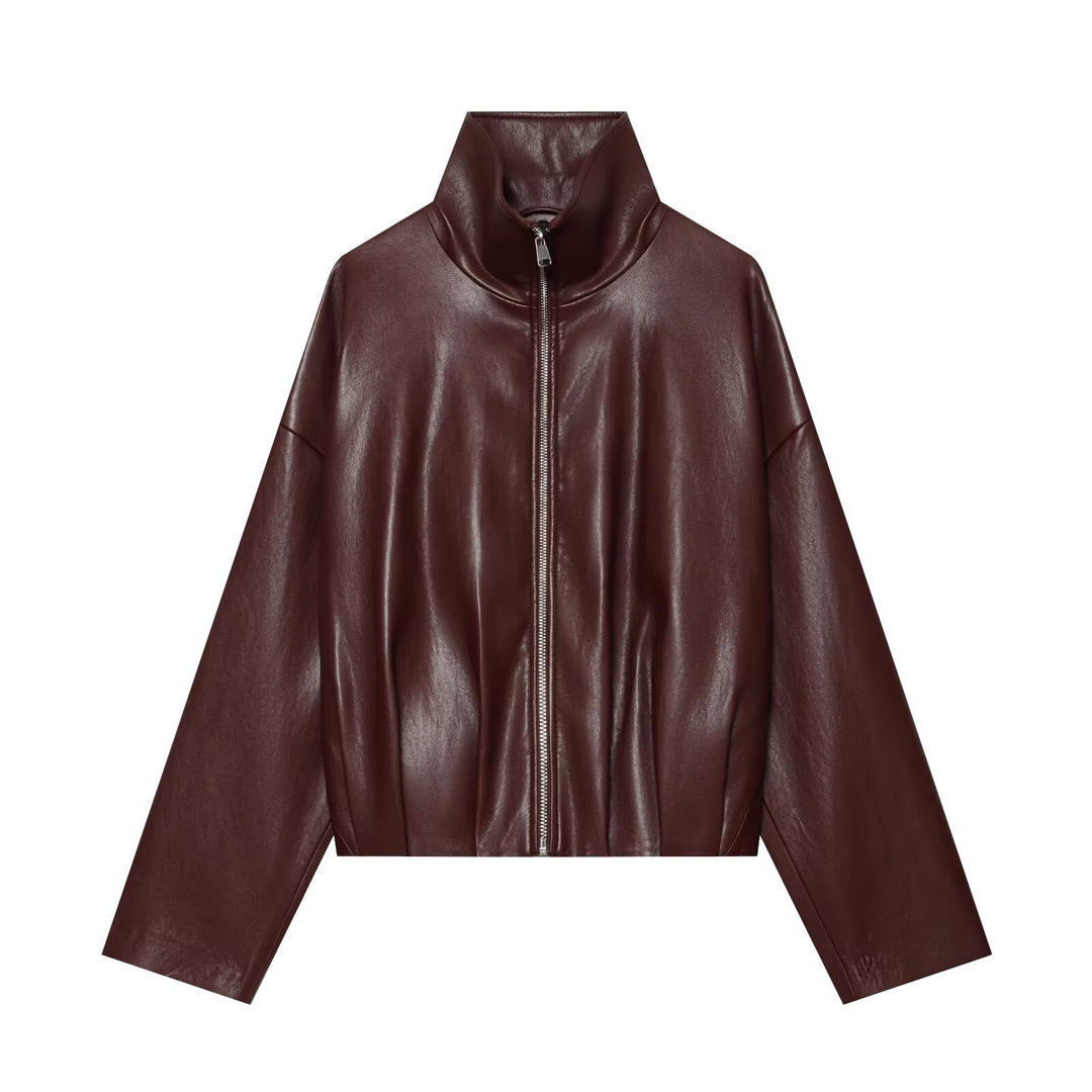 Damen Cropped Boxy-Bomberjacke in glänzender Lederoptik mit hohem Funnelkragen Shop Nory