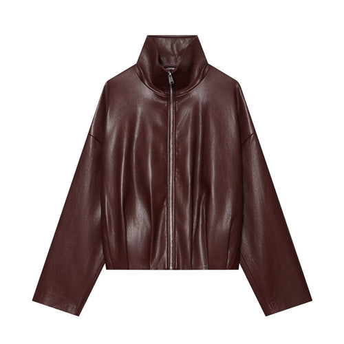 Damen Cropped Boxy-Bomberjacke in glänzender Lederoptik mit hohem Funnelkragen Shop Nory