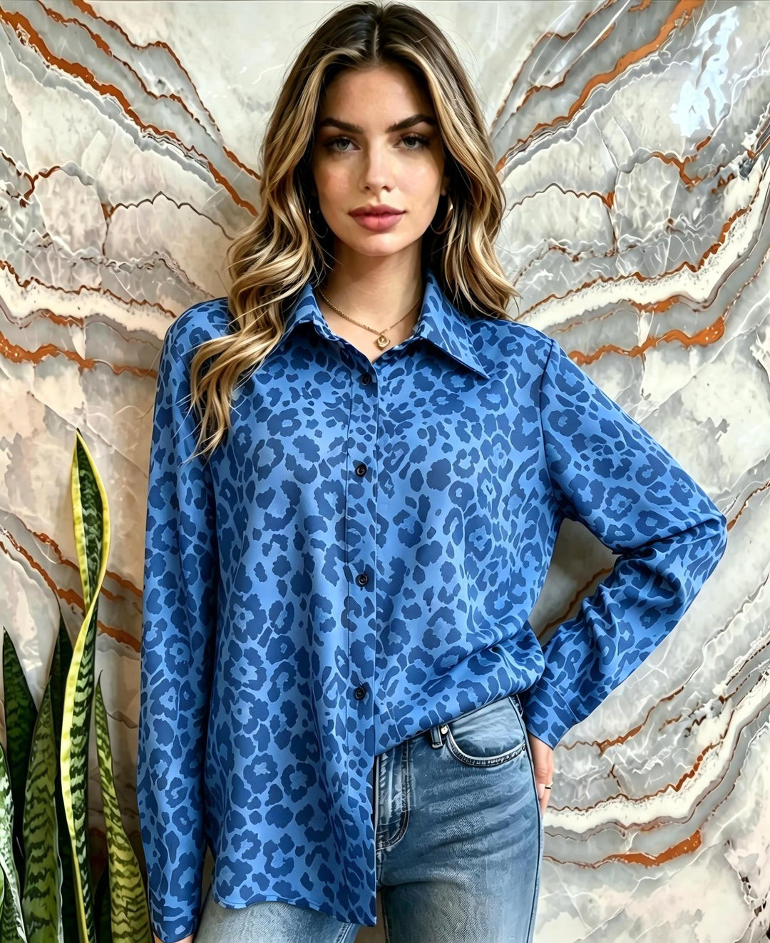 Damen Satin-Leopardenmuster Button-Up Bluse Shop Nory