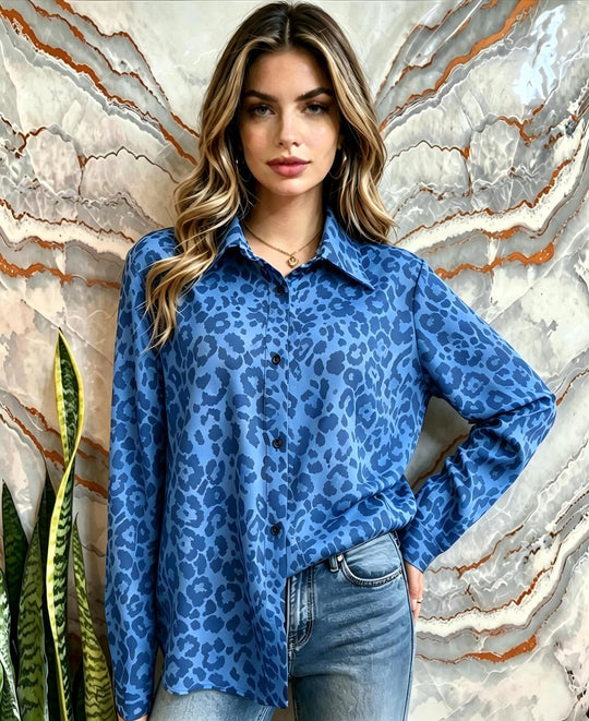 Damen Satin-Leopardenmuster Button-Up Bluse Shop Nory
