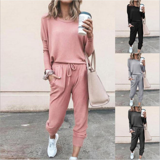 Damen Lässiges Lounge-Set mit Rundhalsausschnitt, Kordelzug-Hose und Bündchen Shop Nory