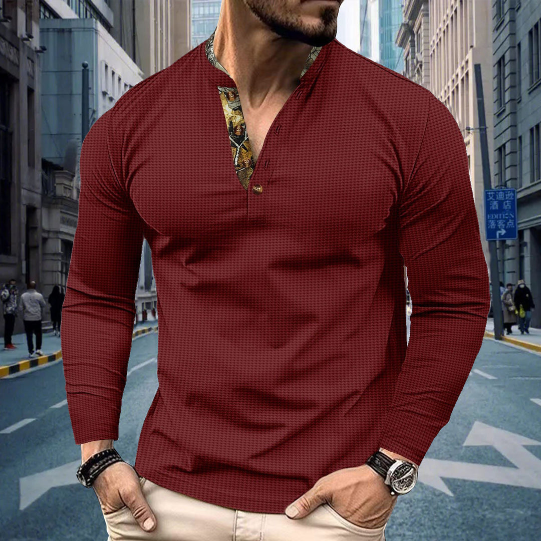 Herren nan langärmeliges Henley-Shirt mit Stehkragen und gemustertem Knopfleistenbesatz Shop Nory