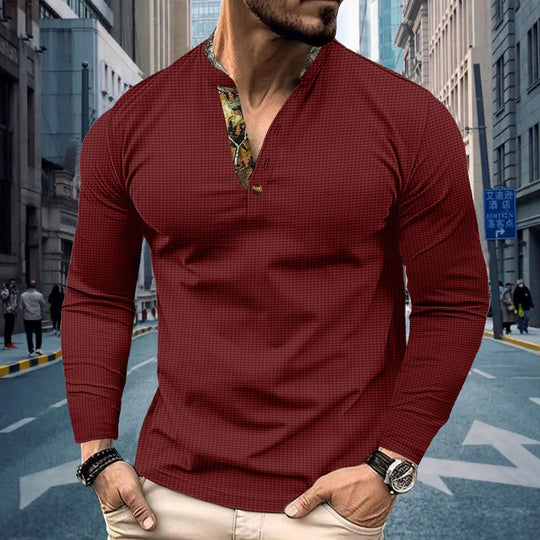 Herren nan langärmeliges Henley-Shirt mit Stehkragen und gemustertem Knopfleistenbesatz Shop Nory