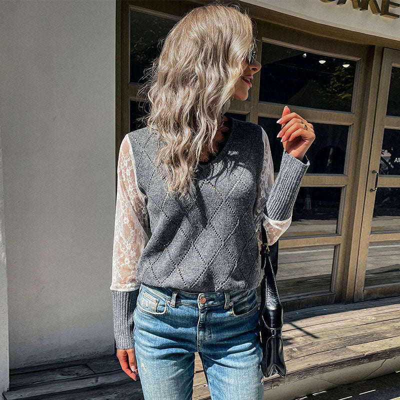 Damen Strickpullunder mit Argyle‑Struktur und transparenten Spitzenärmeln Shop Nory