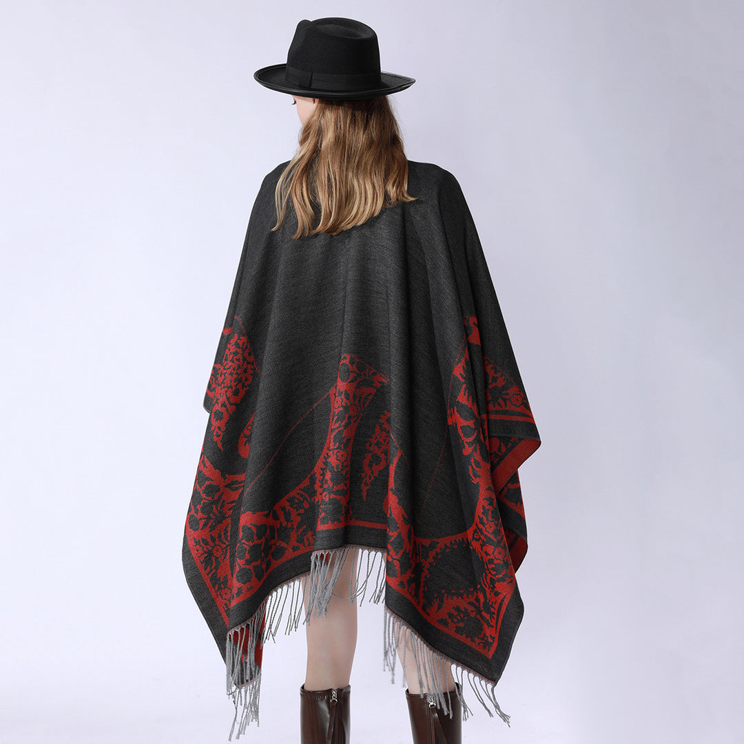 Damen Wendbarer Feinstrick-Poncho mit Jacquardmuster und Fransensaum Shop Nory