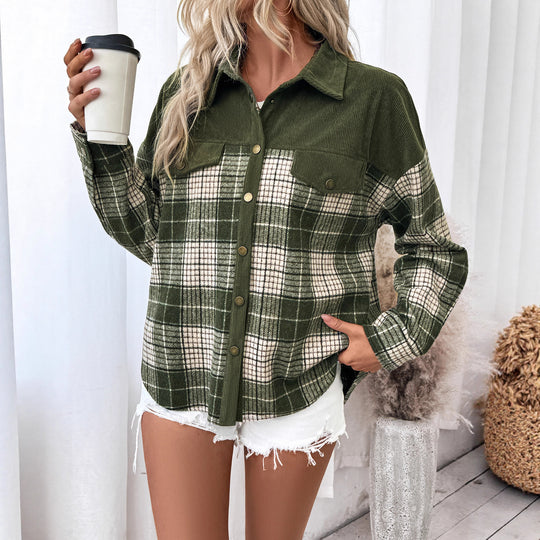 Damen Oversize-Hemdjacke im Karo mit Cordkragen und aufgesetzten Brusttaschen Shop Nory