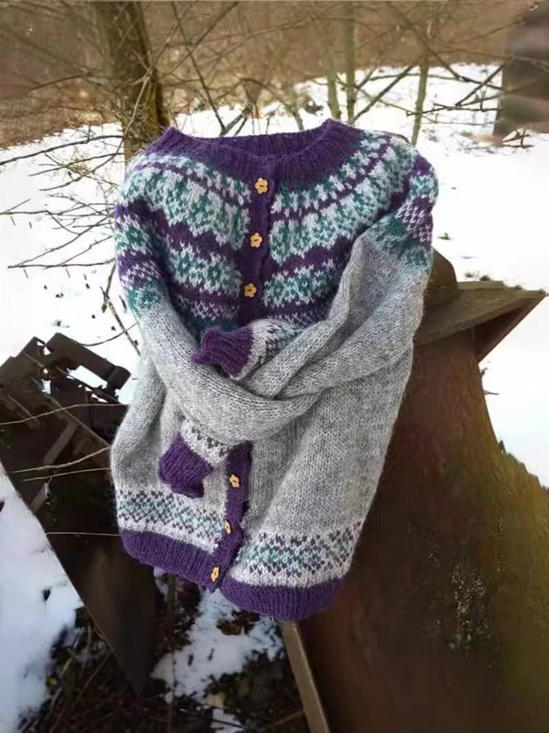 Damen nan gemusterte Strickjacke mit Rundpasse, Holzknöpfen und Eingrifftaschen Shop Nory