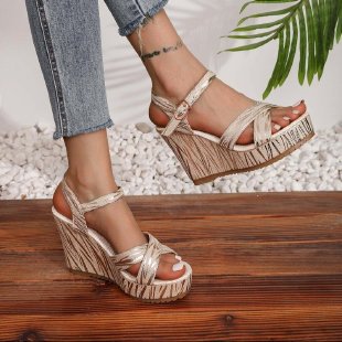Damen Wedge-Sandalen mit modischem Streifenmuster und verstellbarem Riemen