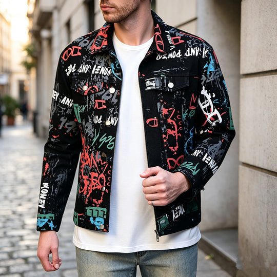 Herren Stilvolle Graffiti-Jeansjacke Shop Nory