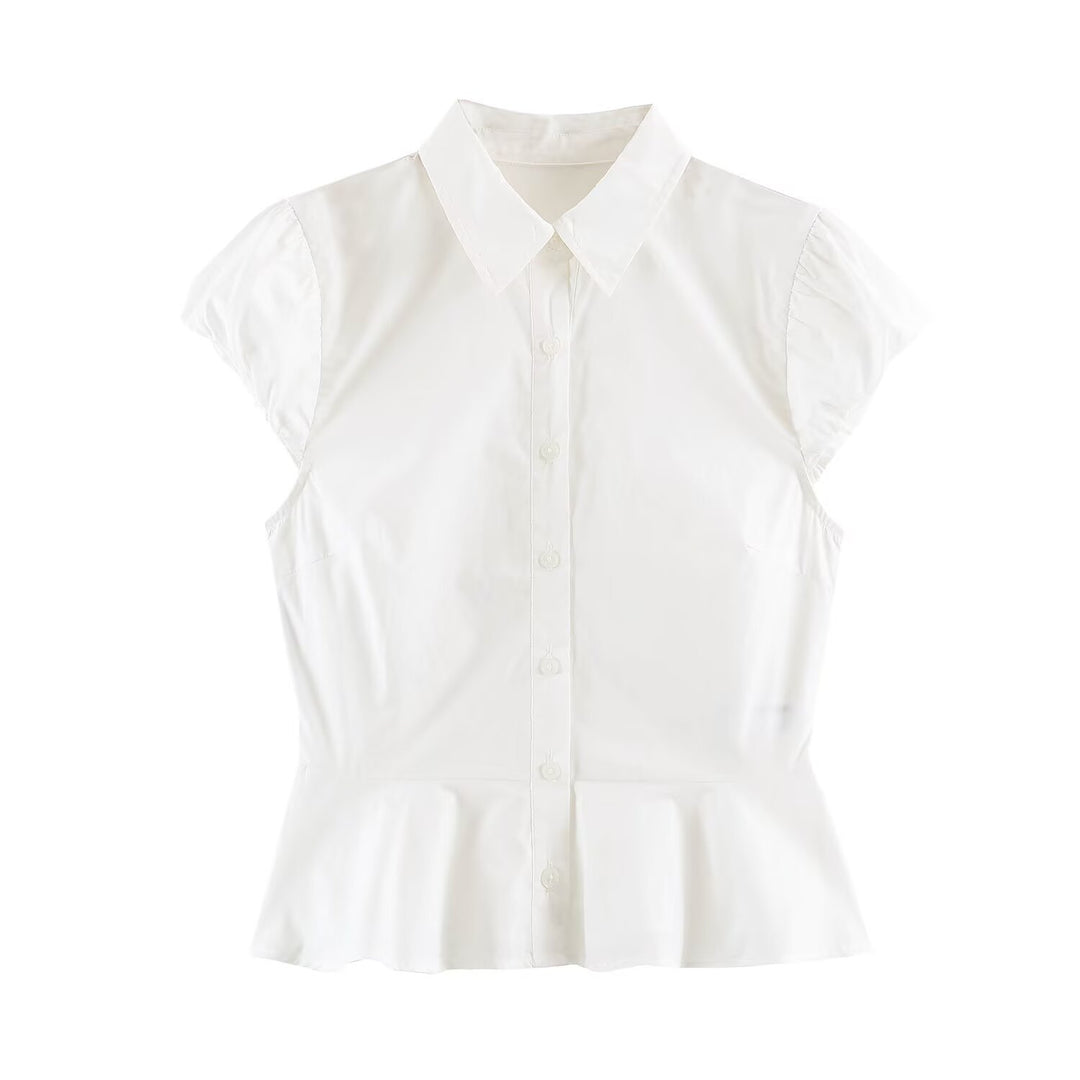 Damen Taillierte Kurzarm-Bluse mit Schößchen, Hemdkragen und feinem Nadelstreifen Shop Nory