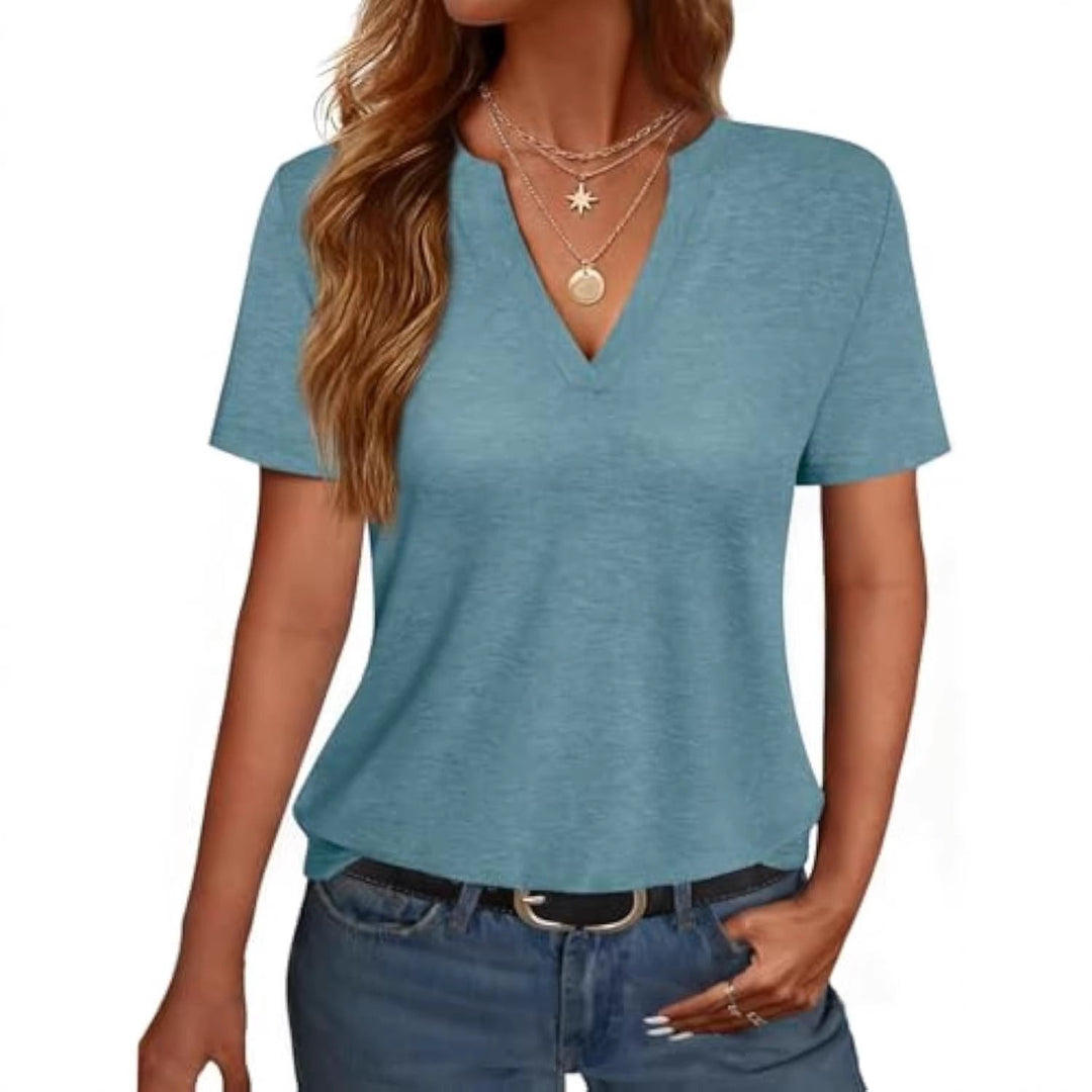 Damen V-Ausschnitt T-Shirt mit legerem Schnitt und sanftem Stoff Shopnory