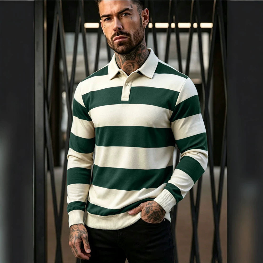 Herren gestreifter Rugby-Polo-Pullover mit Knopfleiste und Rippbündchen Shop Nory