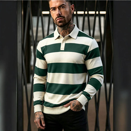 Herren gestreifter Rugby-Polo-Pullover mit Knopfleiste und Rippbündchen Shop Nory