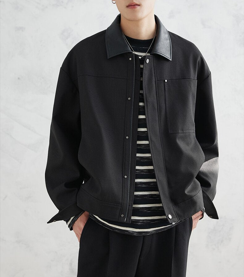 Herren Boxy-Zipjacke aus strukturiertem Baumwollmix mit Lederkragen und verdeckter Druckknopfblende Shop Nory