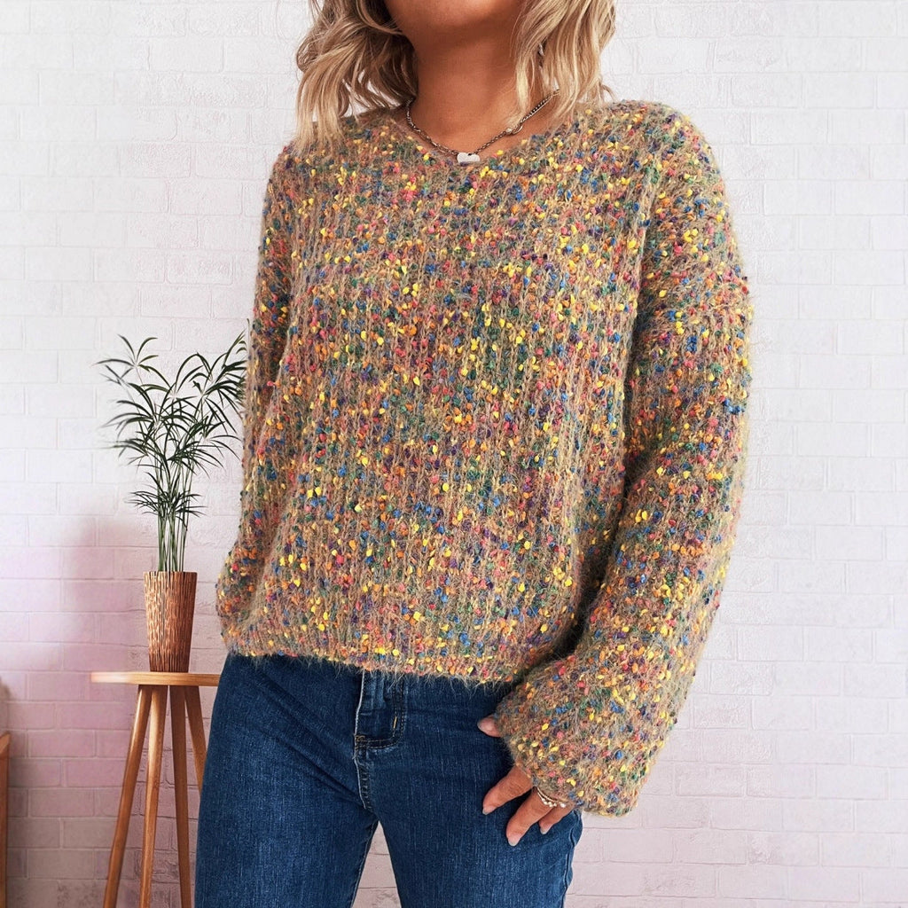 Damen komfortabler Strickpullover mit buntem Strukturmuster und weit geschnittenen Ärmeln