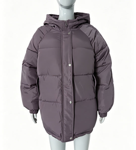 Damen Oversize-Steppmantel mit Kapuze, Druckknopfleiste und elastischem Saum Shop Nory