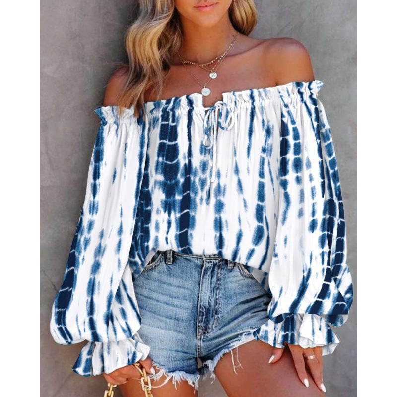 Damen Off-Shoulder Bluse mit Buntem Muster und Elastischem Saum Shopnory