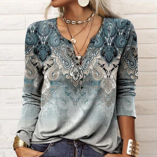 Damen Lockeres Langarm‑Henleyshirt mit V‑Ausschnitt, Knopfleiste und Ombre‑Print Shop Nory