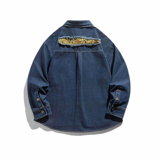 Herren Oversized Jeanshemd-Jacke mit Used-Effekten und Camouflage-Patches Shop Nory