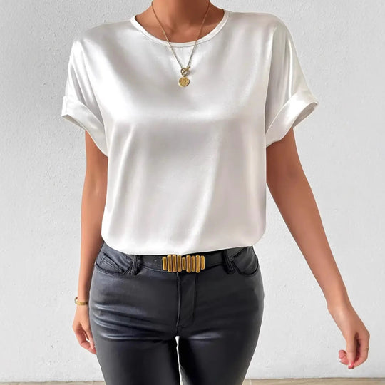 Damen Satin T-Shirt mit umgeschlagenen Ärmeln