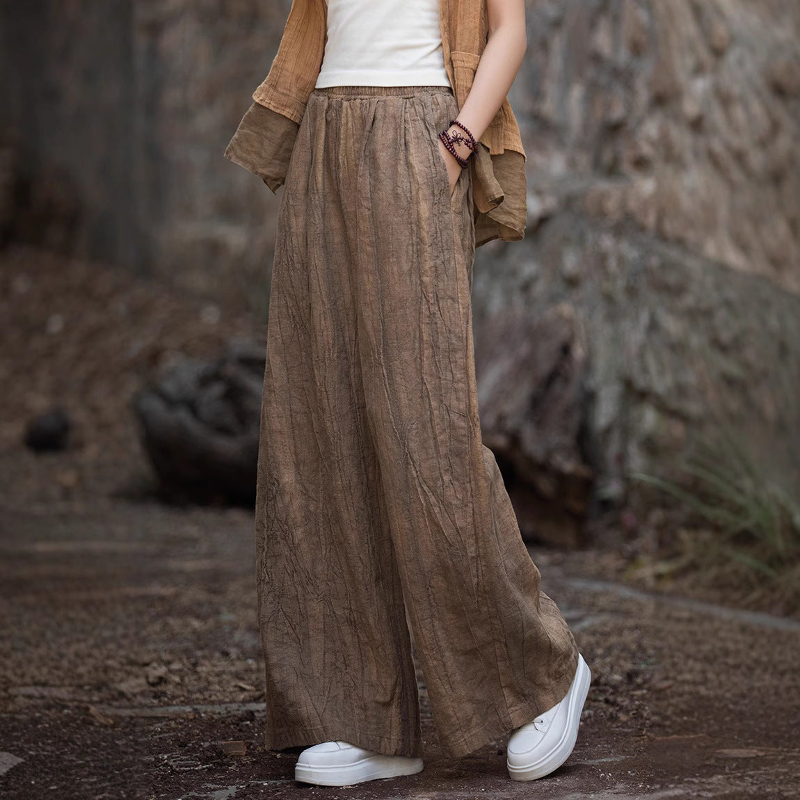 Damen weite Leinenhose mit eleganter Textur