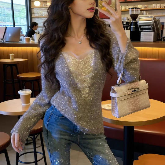 Damen Flauschiges Langarmshirt mit tiefem V‑Ausschnitt und Glitzer-Insert Shop Nory