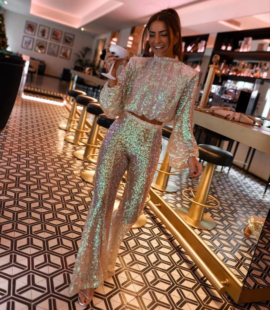 Damen Glitzerndes Oberschenkel-lang Outfit mit Raffungen und weit geschnittenen Beinen Shopnory